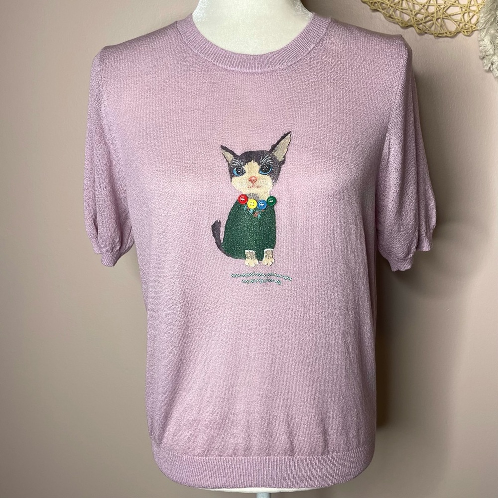 Lilac Cat Graphic Short Sleeve Knit Sweater Top - large